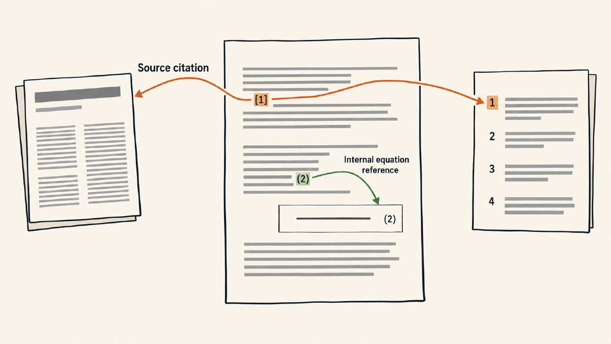 Diagram comparing a source citation leading to another work with an internal reference leading to an equation in the same document.