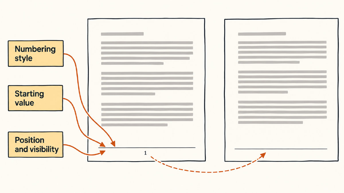 Document diagram separating page-number style, starting value, footer position and visibility.