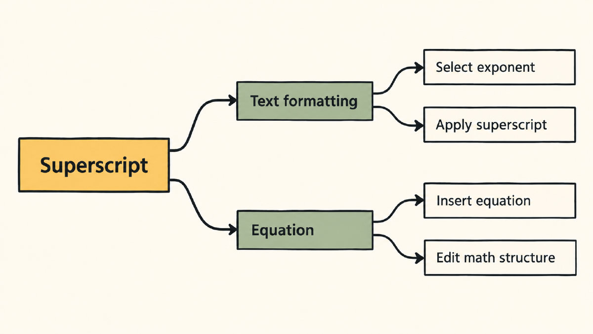 Decision diagram showing text formatting and equation workflows for superscripts in Word.