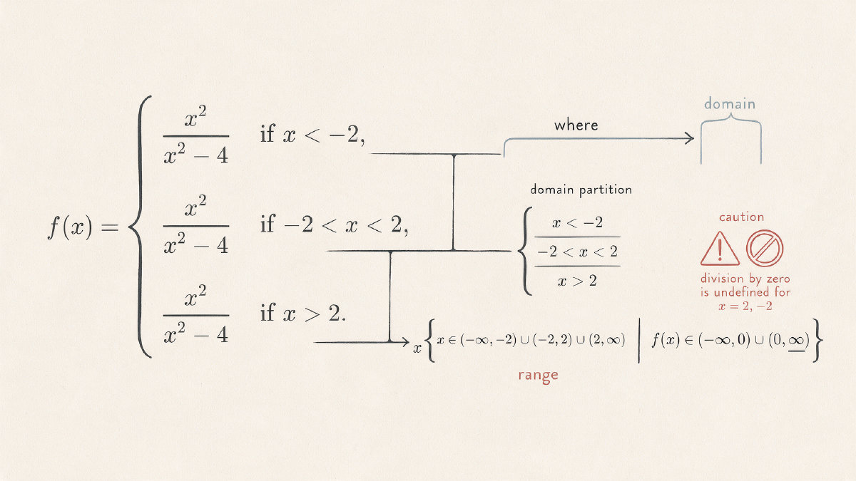 Diagram comparing where prose, piecewise cases, and set-builder conditions