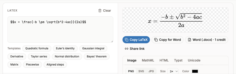 The LaTeX editor with the quadratic formula pasted including $$ delimiters, rendered in the preview with the Copy for Word button