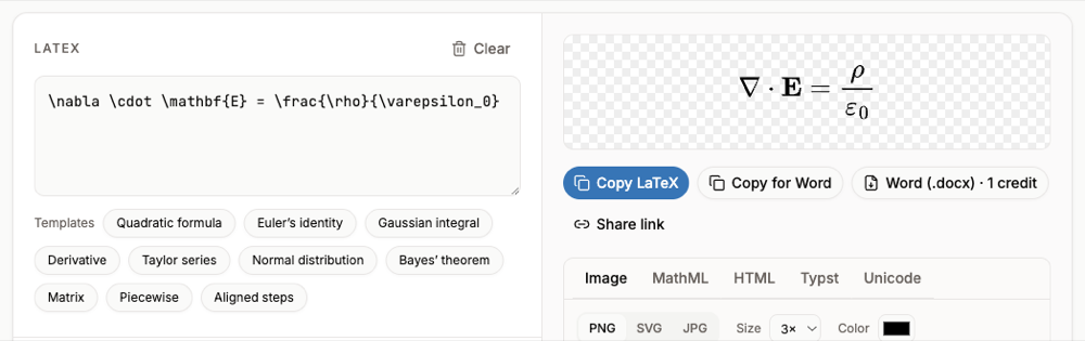 The LaTeX editor rendering Gauss's law with a bold E vector and Greek rho and epsilon