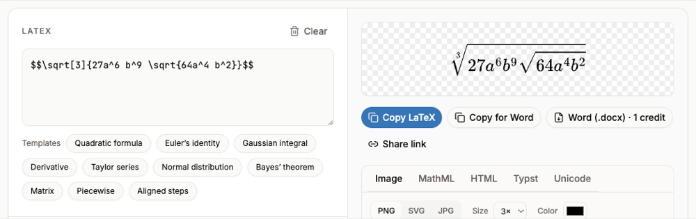 The LaTeX editor with a nested cube root expression pasted with $$ delimiters and rendered in the preview
