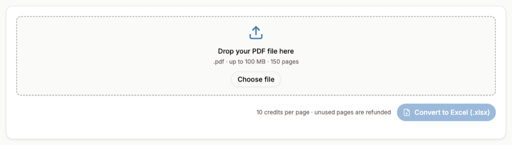 The PDF table to Excel converter with an upload area for PDF files