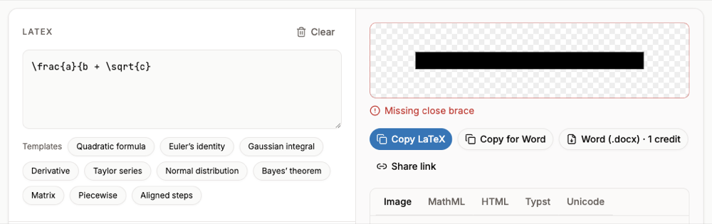 The LaTeX editor showing an error message for a fraction with a missing closing brace
