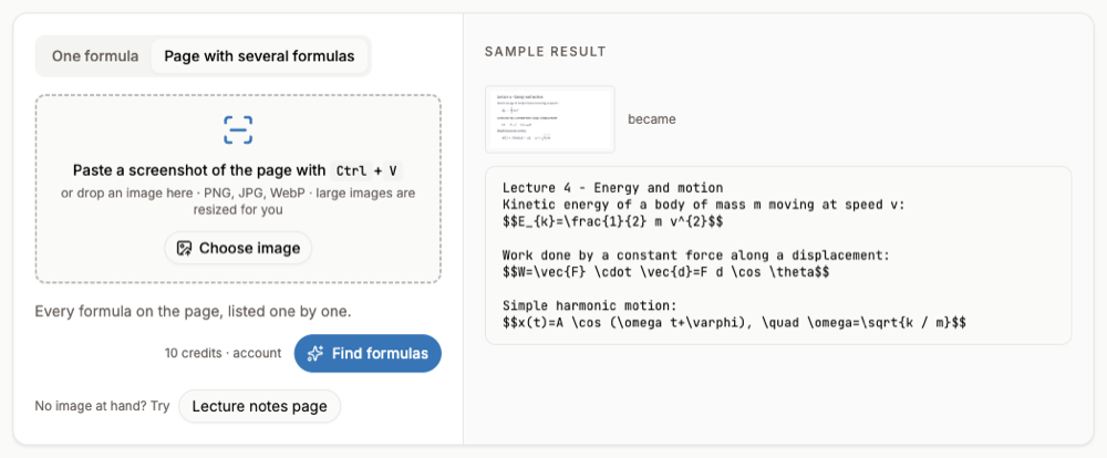 The handwriting to text converter in page mode, with a paste area and a sample result of lecture notes turned into text with LaTeX formulas
