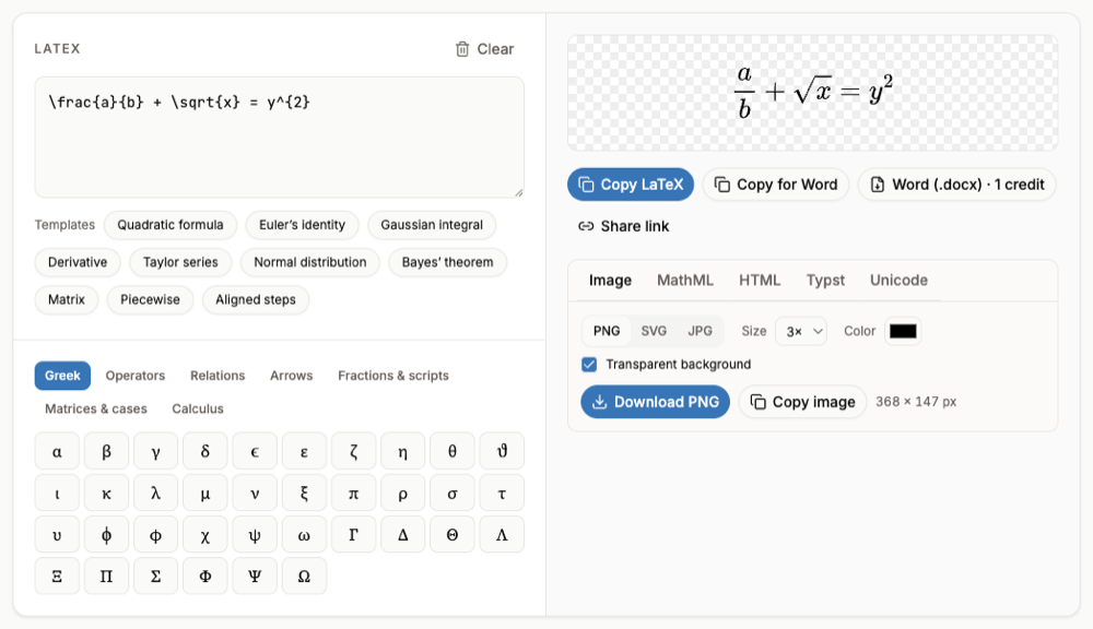 The LaTeX editor rendering a fraction plus a square root, with the Image tab set to PNG and a download button