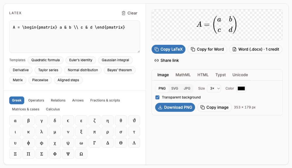 LaTeX to PNG rendering a two-by-two matrix with transparent background and PNG export options
