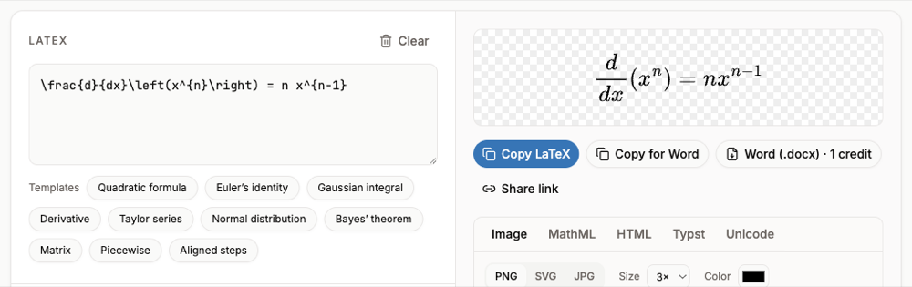 The LaTeX editor rendering the derivative of x to the n with the Copy for Word button