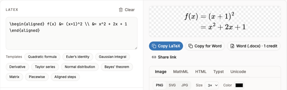 The LaTeX equation editor with an aligned environment in the input and its rendered two-line preview
