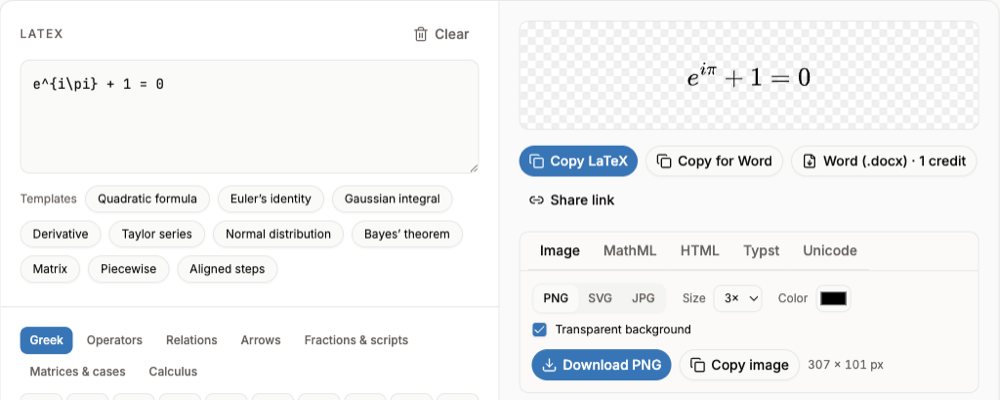 The LaTeX to PNG tool with Euler identity typed in, its rendered preview, and Download PNG and Copy image buttons