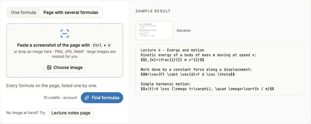 The image to Markdown converter in page mode with a sample lecture page turned into Markdown text with LaTeX math between dollar signs