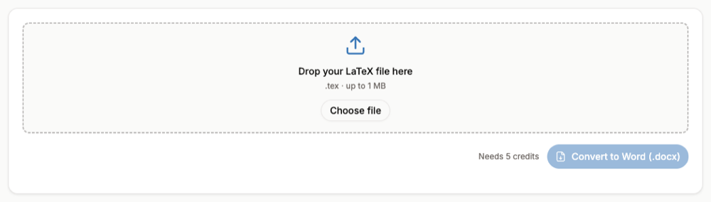 The LaTeX to Word converter with a file upload area for .tex files