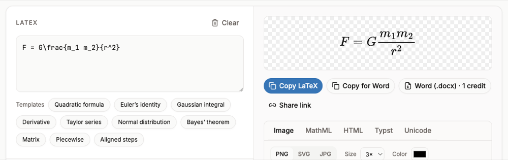 The LaTeX editor rendering Newton's law of gravitation with Copy LaTeX, Copy for Word and Word download buttons