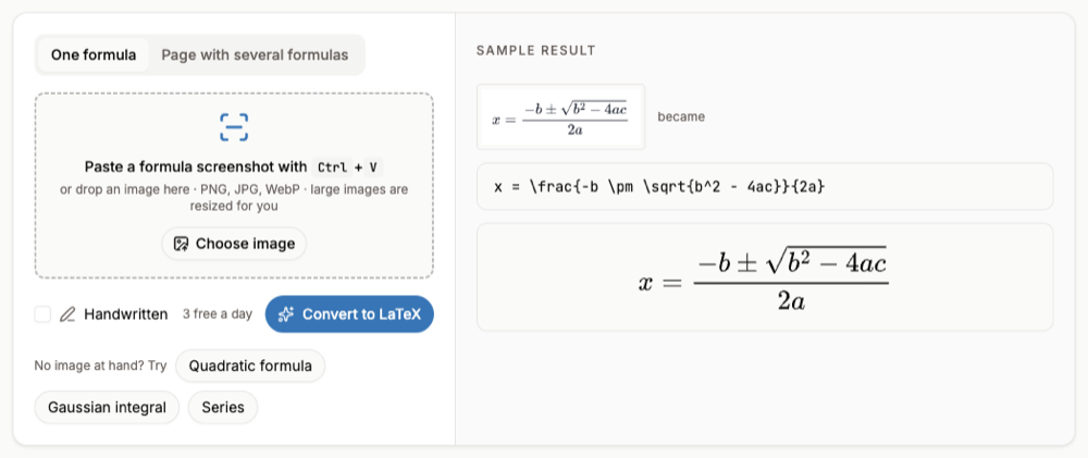The image to LaTeX converter with the prompt to paste a formula screenshot and a sample result