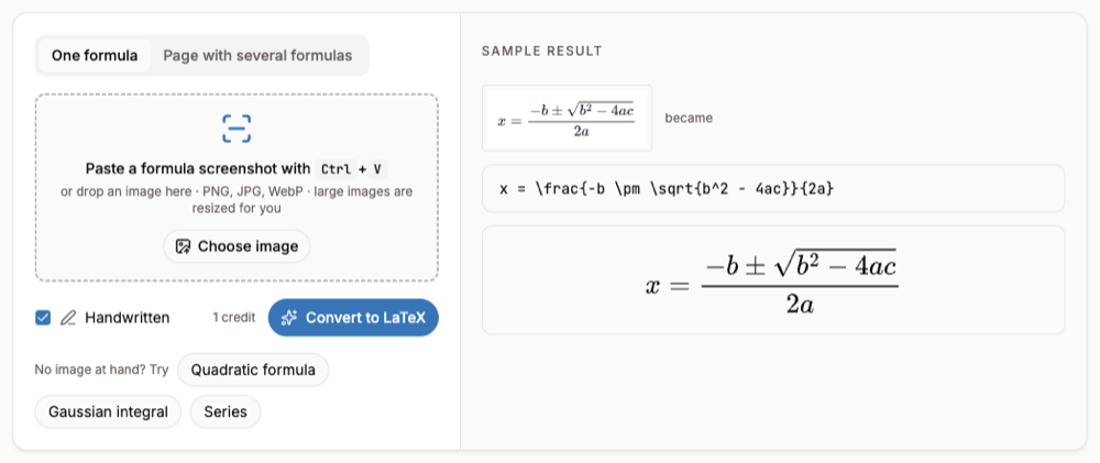 The handwritten math to LaTeX converter with the Handwritten option ticked, an upload area and a sample result