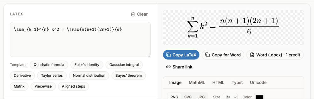 The imagetolatex LaTeX editor showing a sum formula with its live preview and the Copy for Word button
