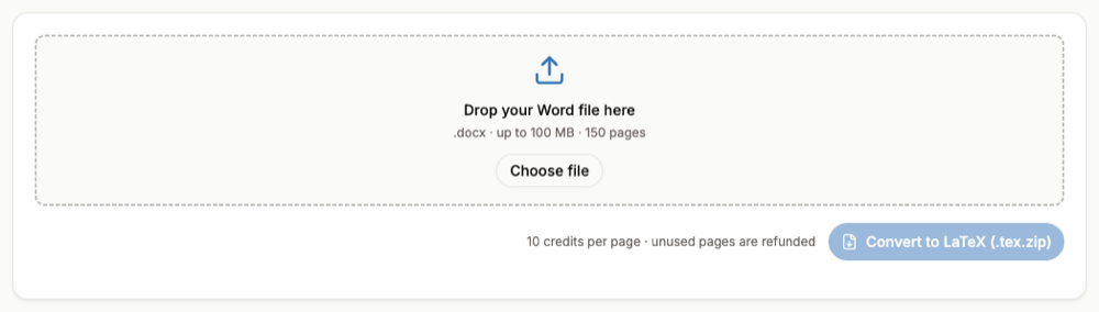 The Word to LaTeX converter with an upload area for DOCX files