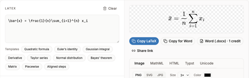 The LaTeX equation editor showing the sample mean formula with x bar in the input and its rendered preview with Copy for Word button